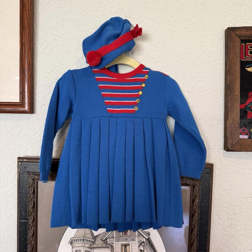 Vintage Friemanit Baby Sweater Dress Size 18 Months Blue Ruffle Withโ Hat Bundle